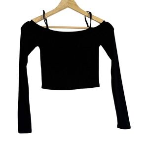 Olivaceous Black Off Shoulder Long Sleeve Crop Top Ribbed Size M